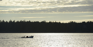 Backlit small boat coming into Tofino by Kevin Oke