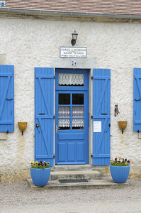 Blue door and shutters at the lock keepers house Ecluse 24 Anizy Champ du Pont Limanton Nievre Burgundy France