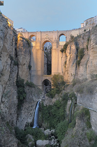 Guadalevín River and waterfall at dusk Puente Nuevo El Tajo Gorge Ronda Málaga Andalusia Spain