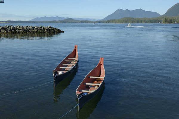 Two native canoes anchored in Tofino Harbour Print