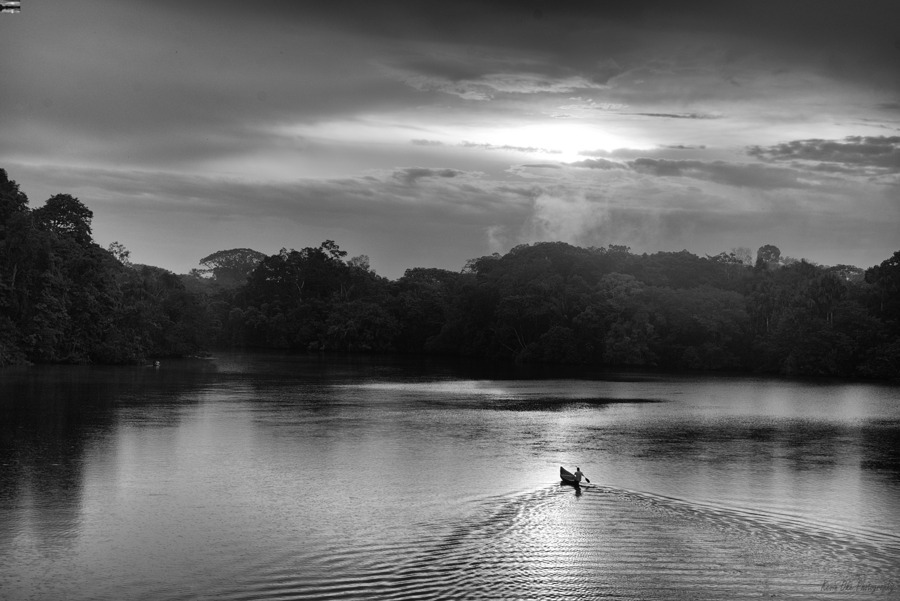 Canoeing on Lake Garzacocha Black and White Ecuador  Print