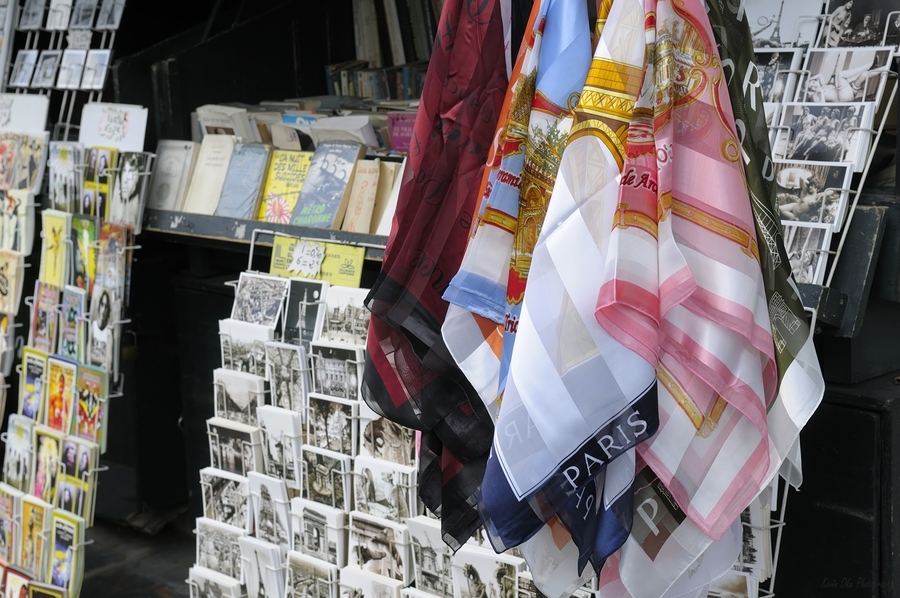 Scarves and postcards for sale on the banks of the Seine River - Paris  Print