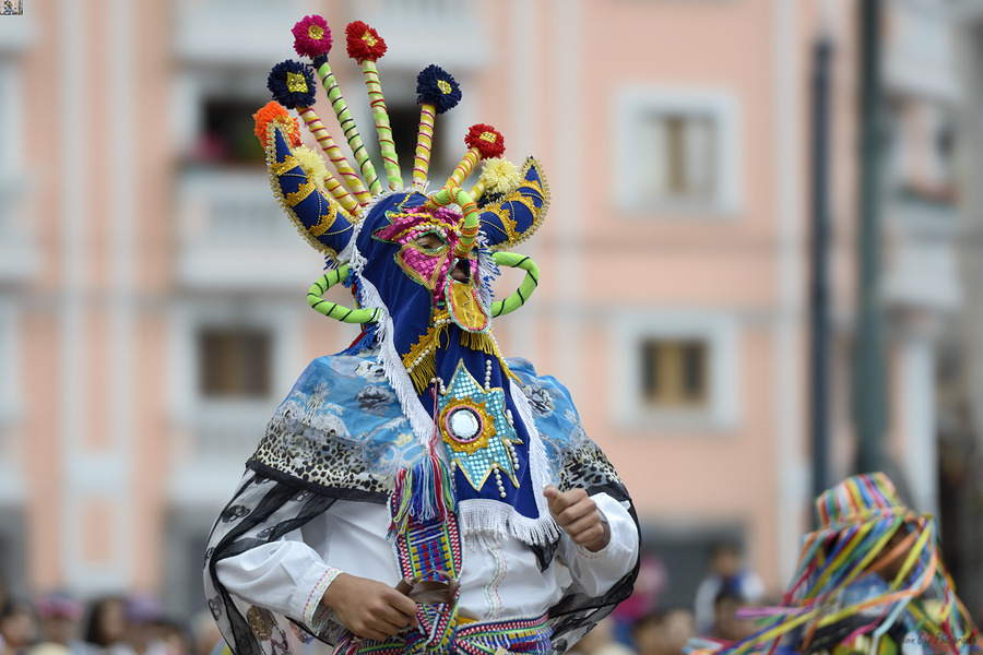 Traditional dancing in the Plaza de Santo Domingo during Quitos celebration of the anniversary of its Spanish foundation Quito Ecuador  Print
