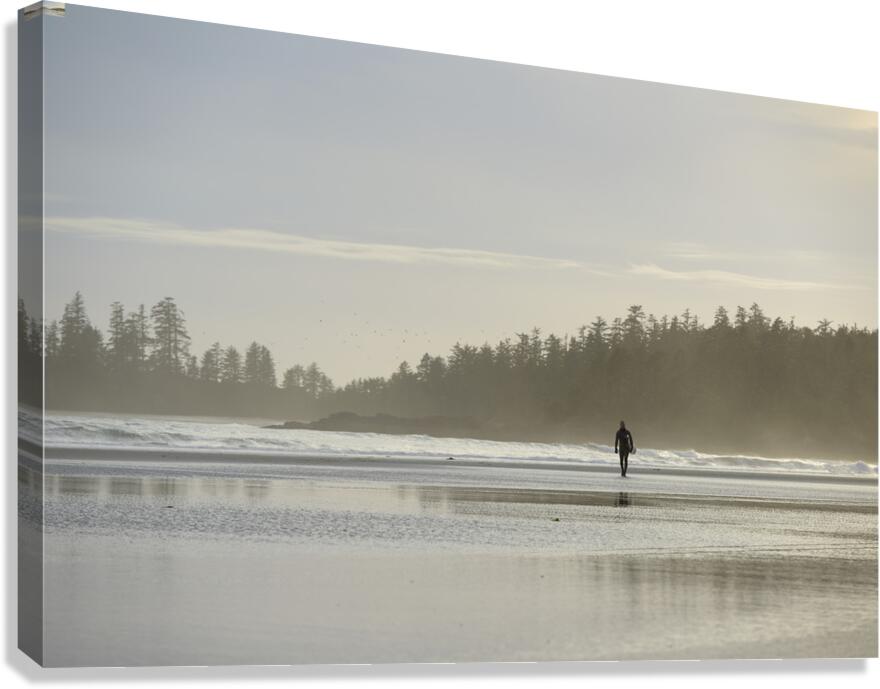 Man walking with surfboard through the mist Long Beach Pacific Rim National Park Canvas Print