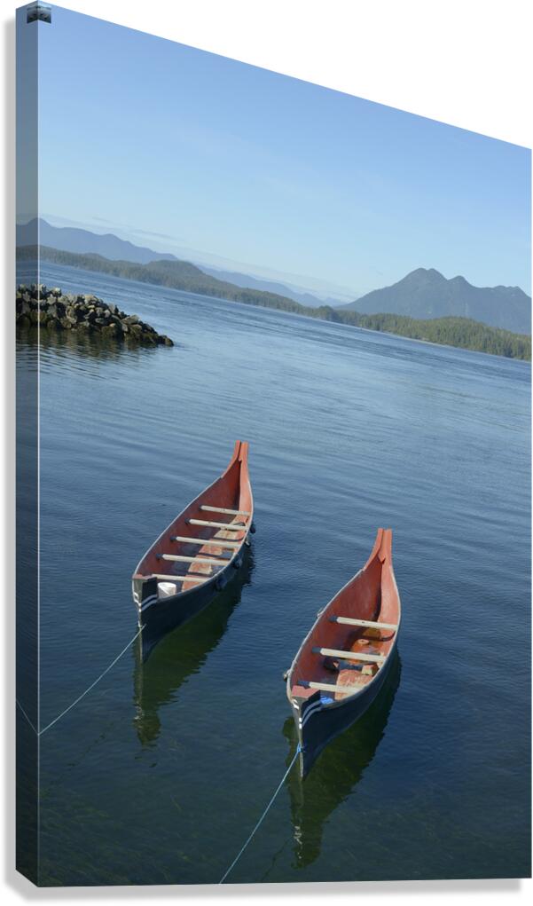 Two native canoes anchored in Tofino Harbour Canvas Print