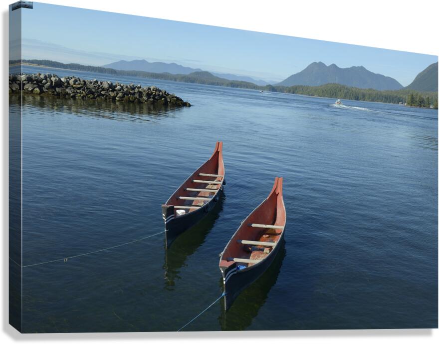 Two native canoes anchored in Tofino Harbour Canvas Print