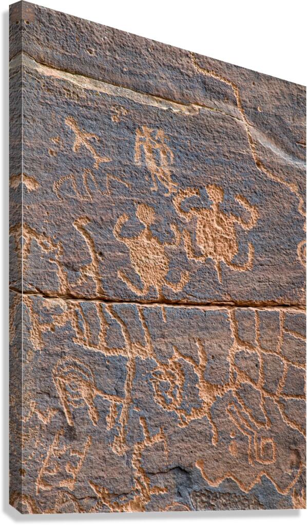 Ancient petroglyphs showcasing animal figures and geometric designs Crane Petroglyph Site Verde Valley Arizona Canvas Print