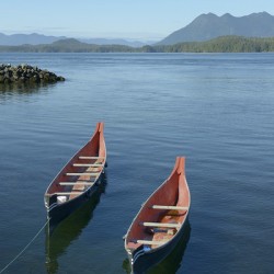 Two native canoes anchored in Tofino Harbour