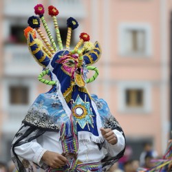 Traditional dancing in the Plaza de Santo Domingo during Quitos celebration of the anniversary of its Spanish foundation Quito Ecuador