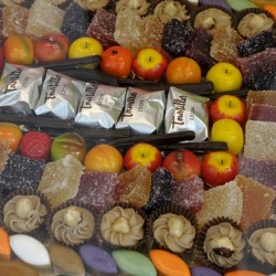 Sweets for sale in a local shop window