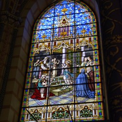 Stained glass window at Basilica del Voto Nacional Quito Ecuador