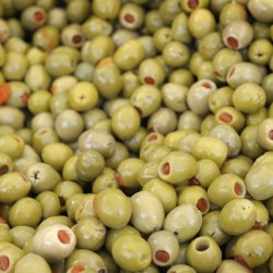 Green olives with pimentos been sold in bulk Lourmarin