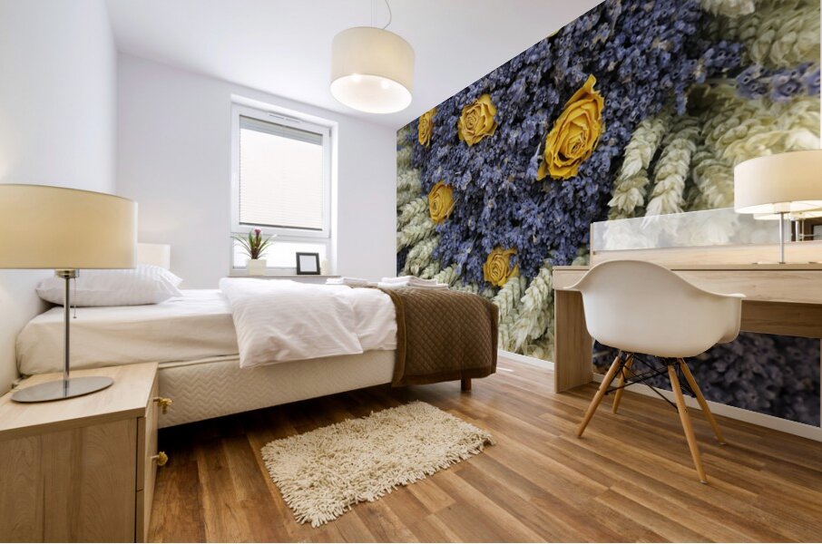 Dried yellow roses and lavender - Lourmarin Mural print