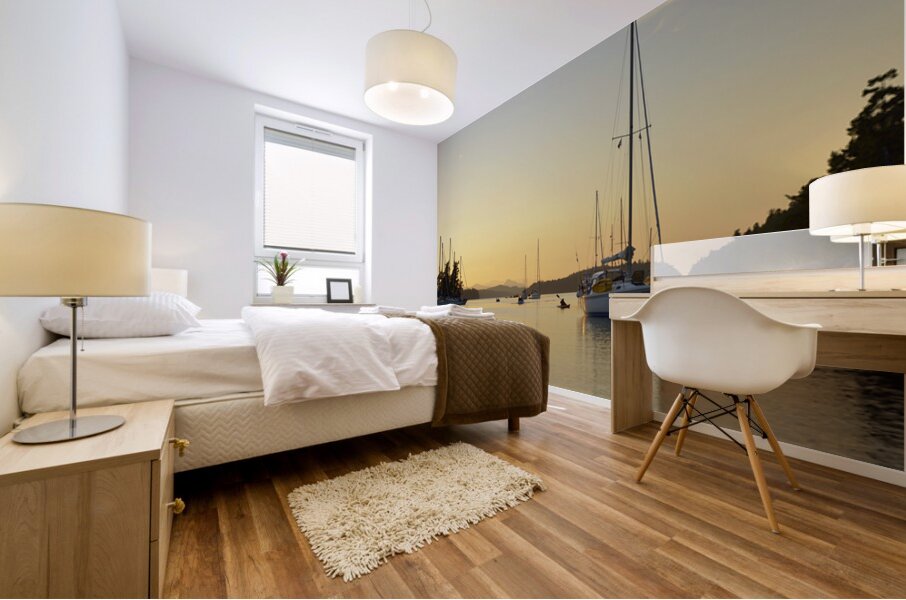 Sea kayaker and anchored boats in Princess Bay Mural print