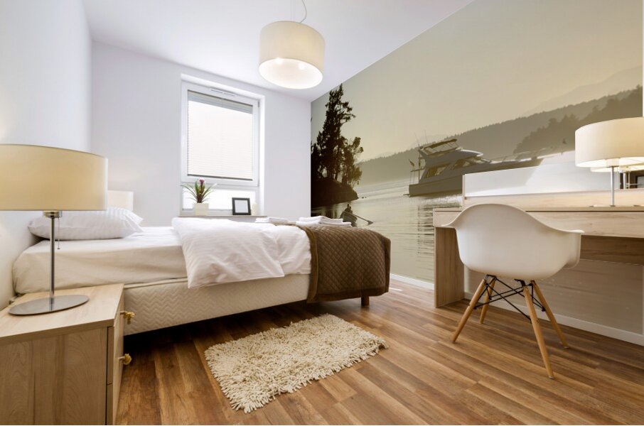 Couple in a dinghy rowing in front of a pleasure motorboat Mural print