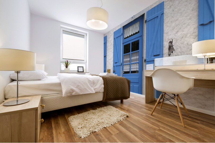 Blue door and shutters at the lock keepers house Ecluse 24 Anizy Champ du Pont Limanton Nievre Burgundy France Mural print