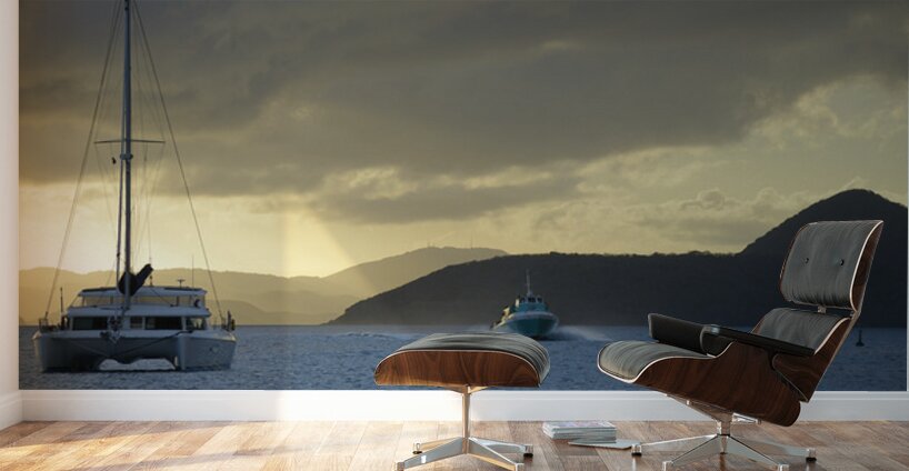 Passenger ferry and anchored catamaran at Sopers Hole Wall Murals