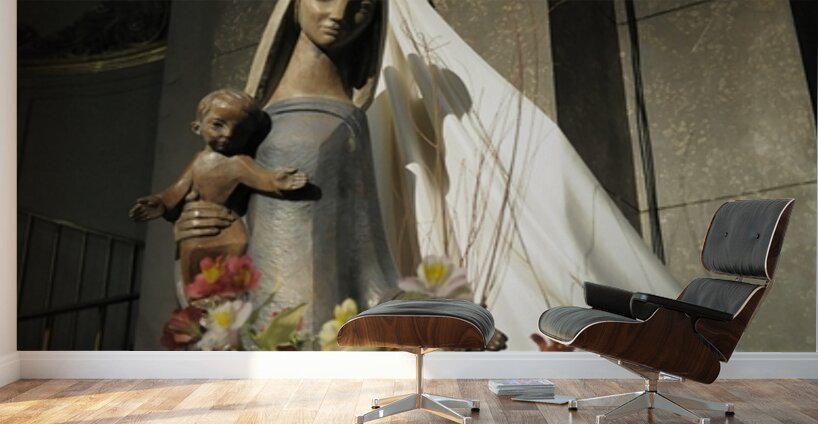 Wood carving of the virgin with bouquet of flowers Eglise Saint Pothin Wall Murals