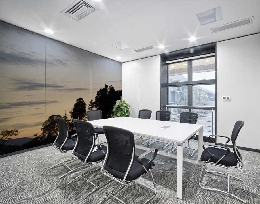 Silhouetted trees at sunset Wall Printing