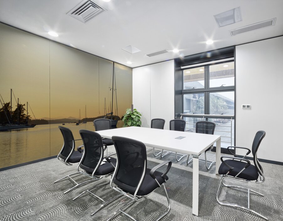 Sea kayaker and anchored boats in Princess Bay Wall Printing
