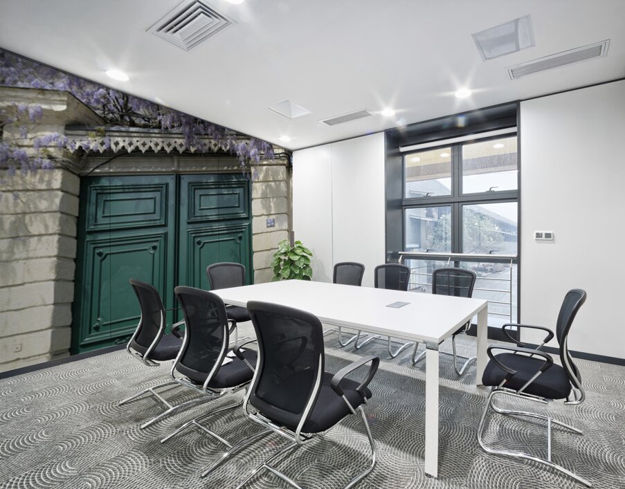 Green door with Wisteria plant in bloom. Nevers Nievre. France Wall Printing
