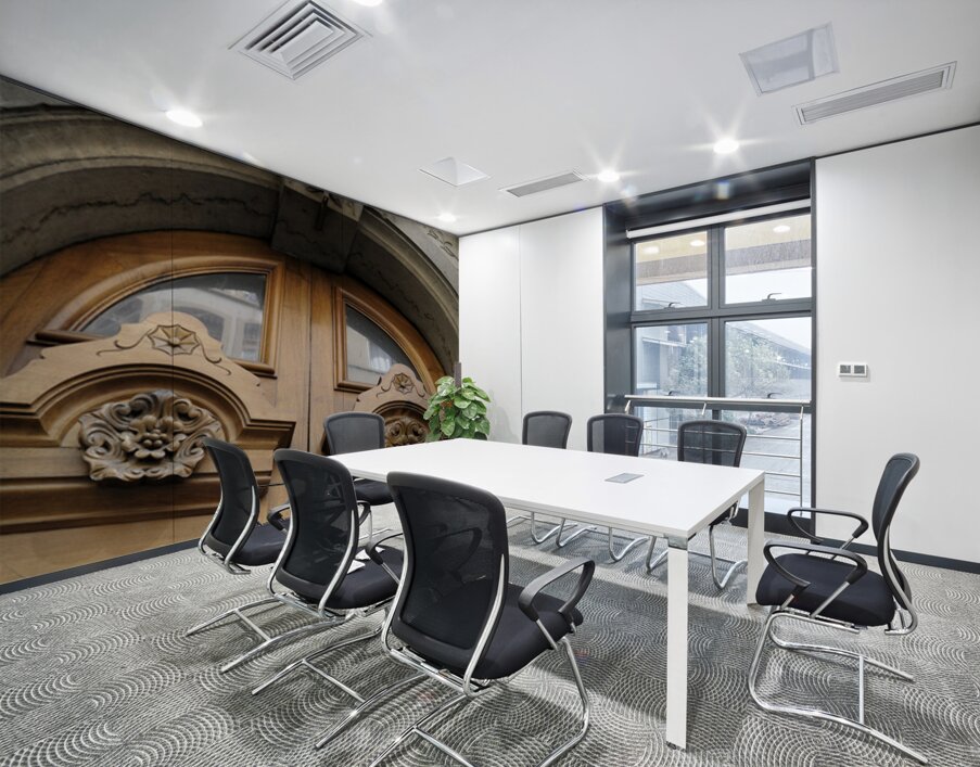 Wooden door with carved figurine in stone above it. France Wall Printing