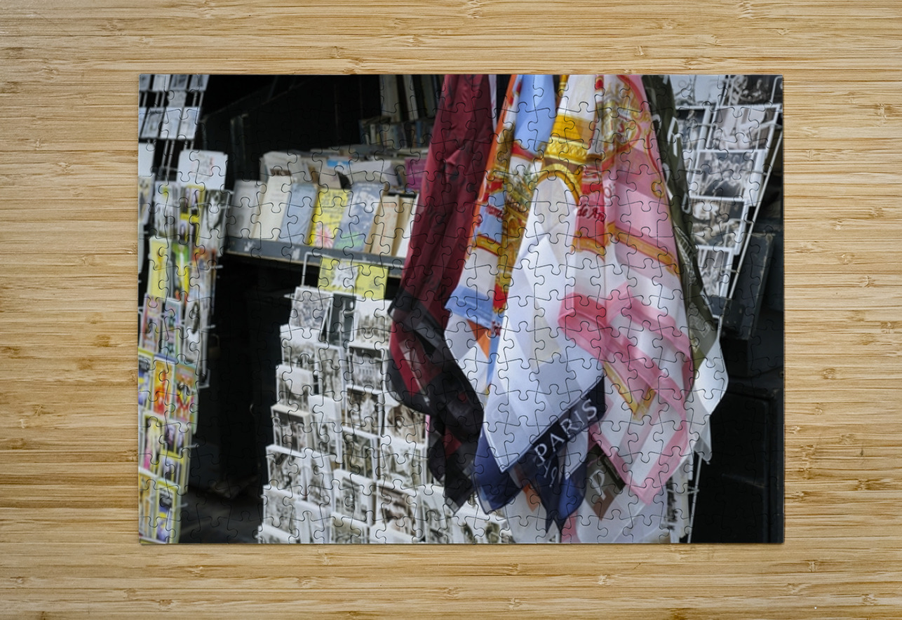 Scarves and postcards for sale on the banks of the Seine River - Paris Kevin Oke Puzzle printing