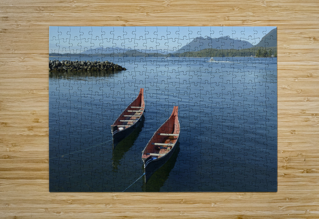 Two native canoes anchored in Tofino Harbour Kevin Oke Puzzle printing