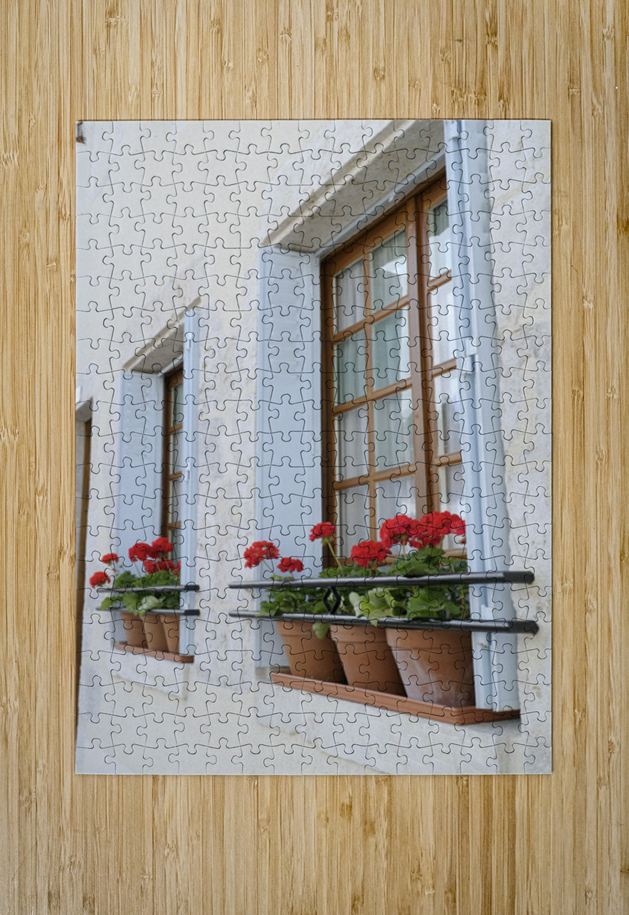 Potted red geraniums in a window Châtillon sur Loire Centre France Kevin Oke Puzzle printing