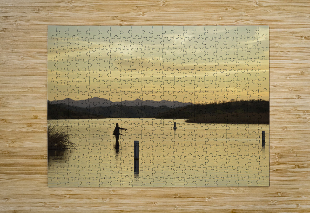 Backlit man fishing at sunset Patagonia Lake State Park Arizona USA Kevin Oke Puzzle printing