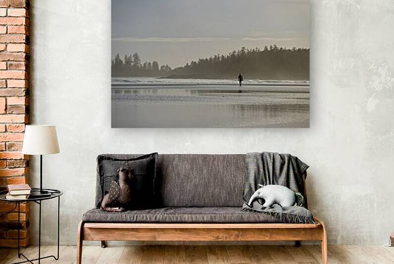 Man walking with surfboard through the mist Long Beach Pacific Rim National Park by Kevin Oke