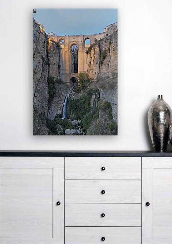 Guadalevín River and waterfall at dusk Puente Nuevo El Tajo Gorge Ronda Málaga Andalusia Spain by Kevin Oke